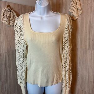 On Twelfth Cream Ribbed Top Crocheted Lace Sleeves